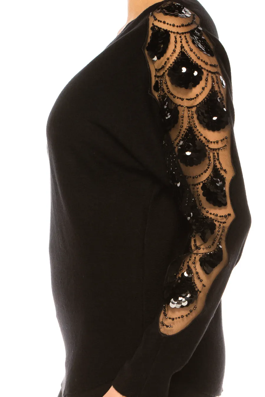Liv Embellished Sleeve V Neck Pullover Sweater