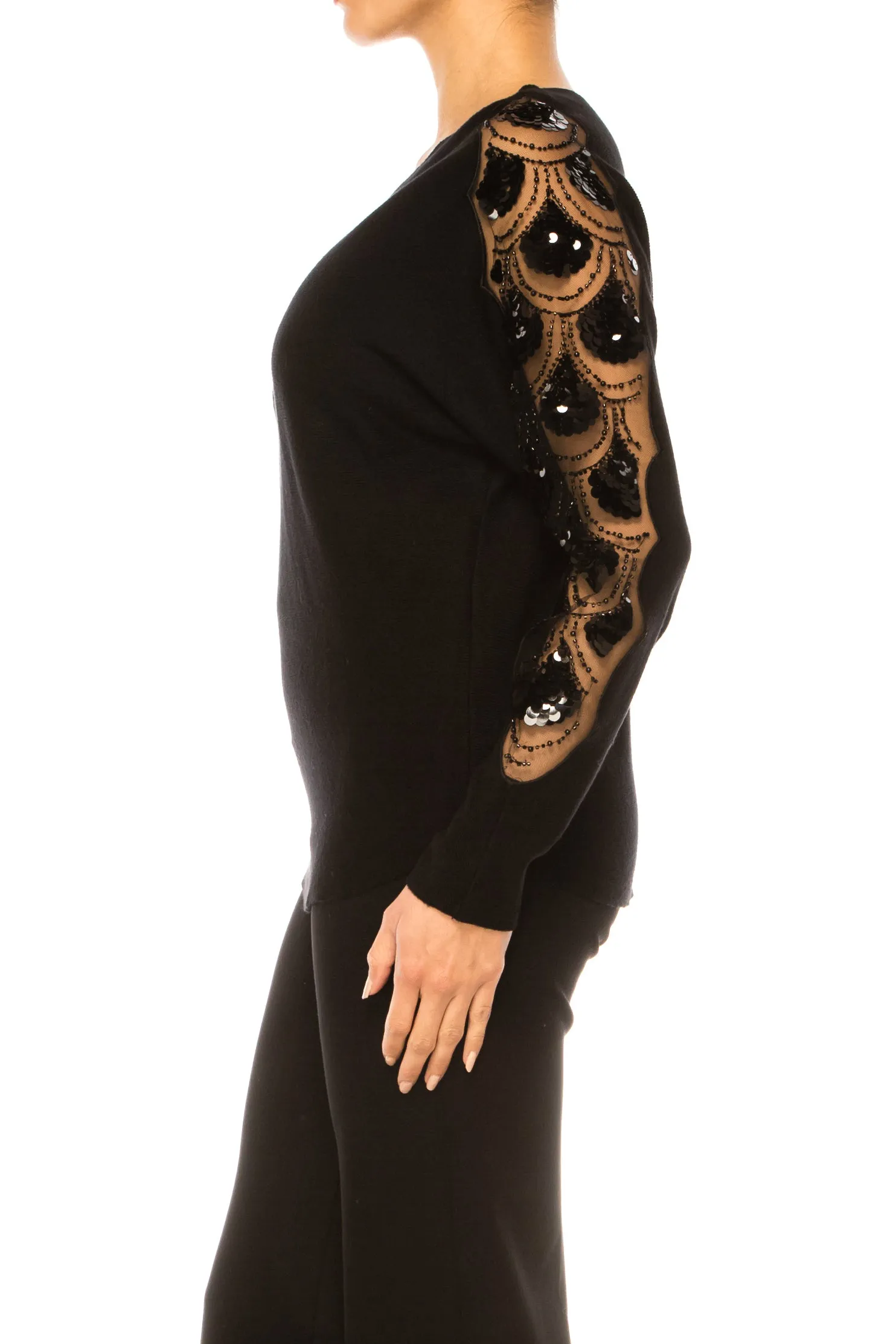 Liv Embellished Sleeve V Neck Pullover Sweater