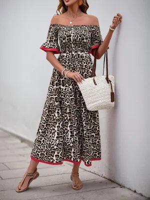 Lola Leopard Off-Shoulder Flounce Sleeve Midi Dress