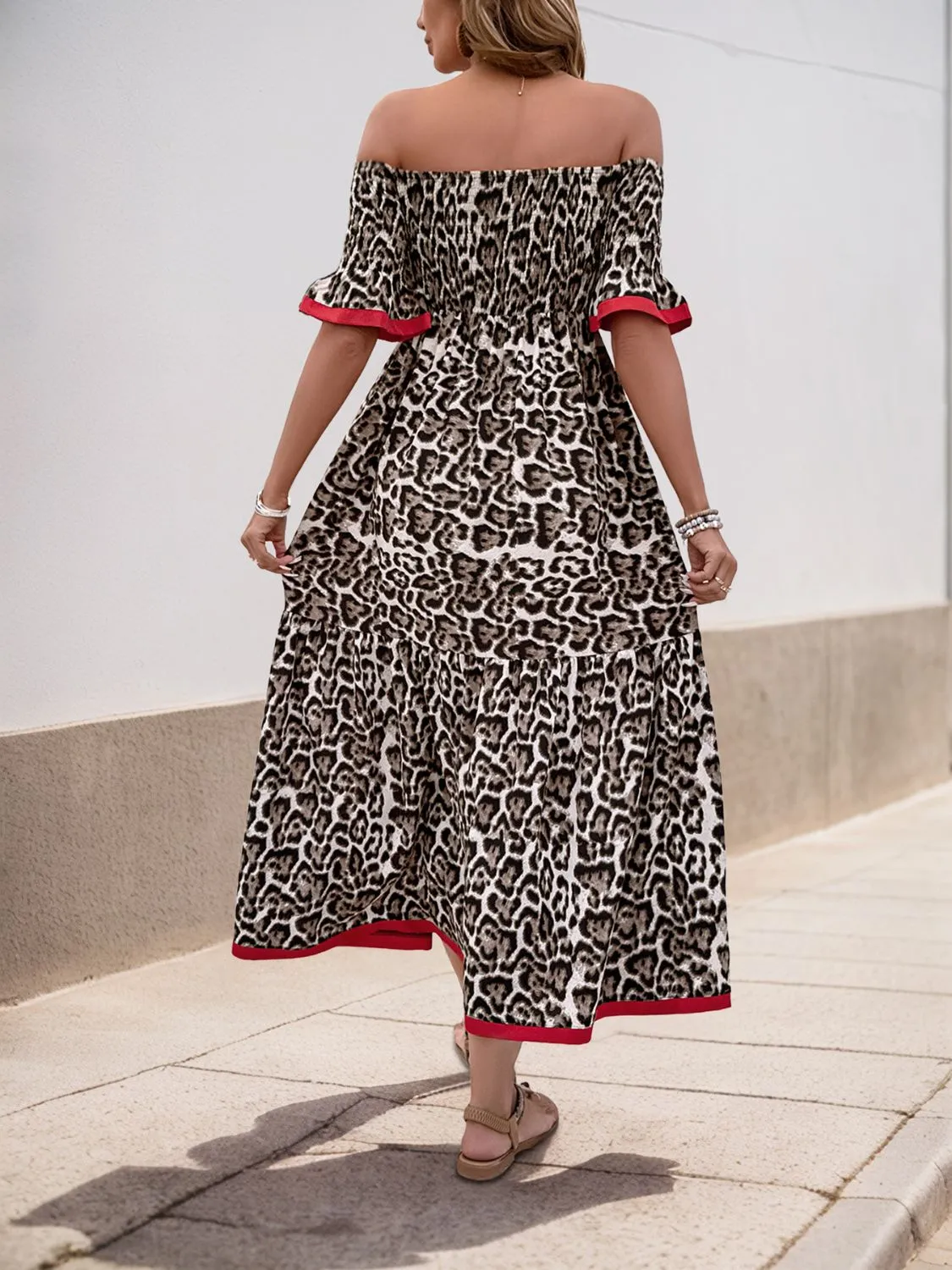 Lola Leopard Off-Shoulder Flounce Sleeve Midi Dress