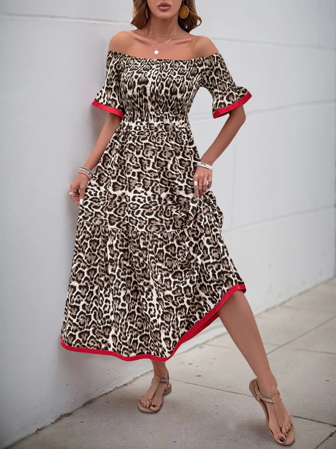 Lola Leopard Off-Shoulder Flounce Sleeve Midi Dress