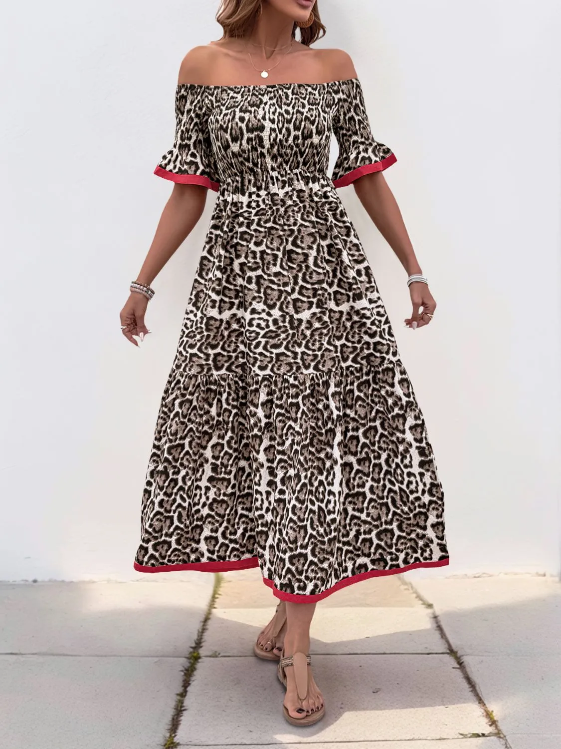 Lola Leopard Off-Shoulder Flounce Sleeve Midi Dress