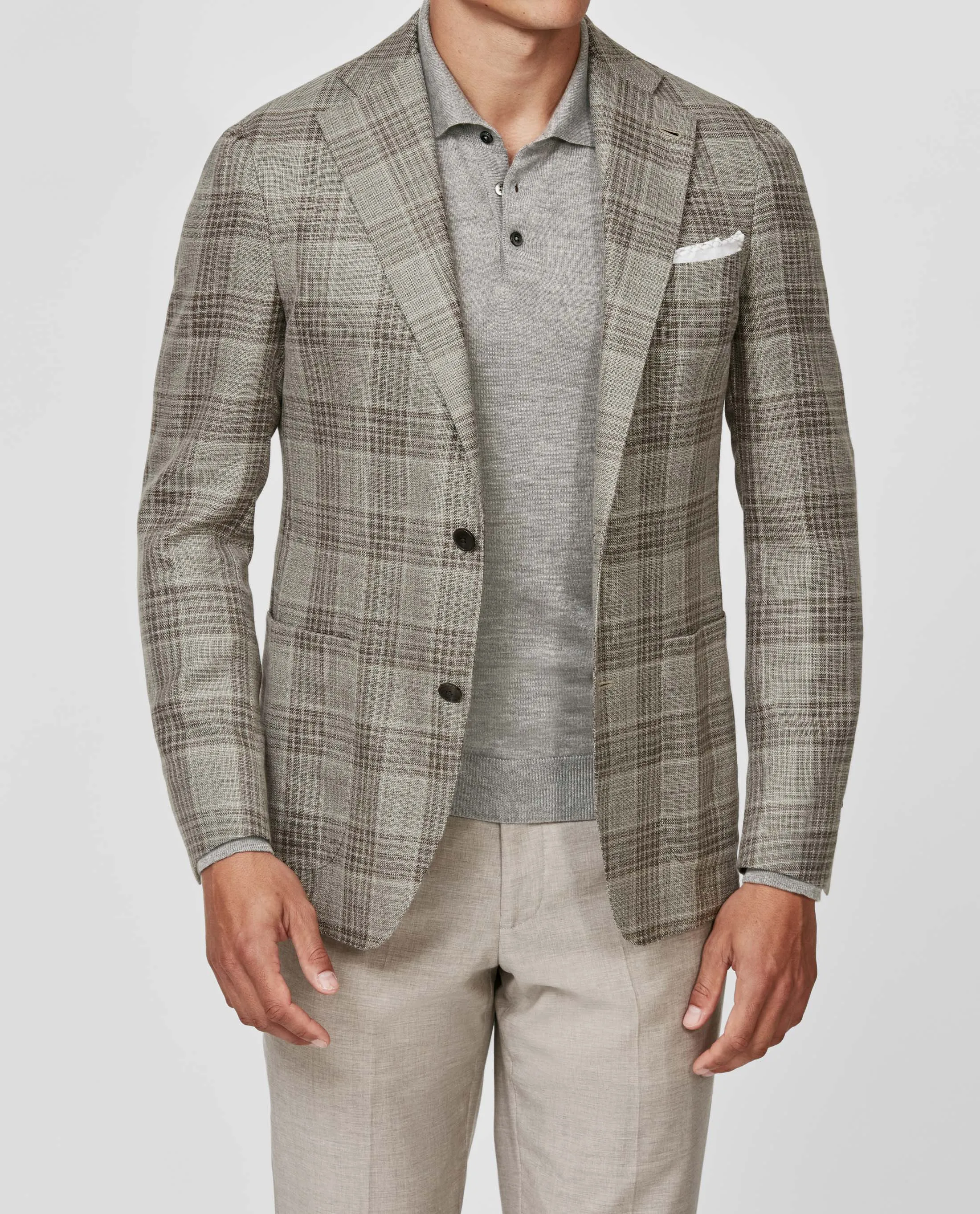 Loro Piana Taupe Wool, Silk & Linen with Light Brown Check