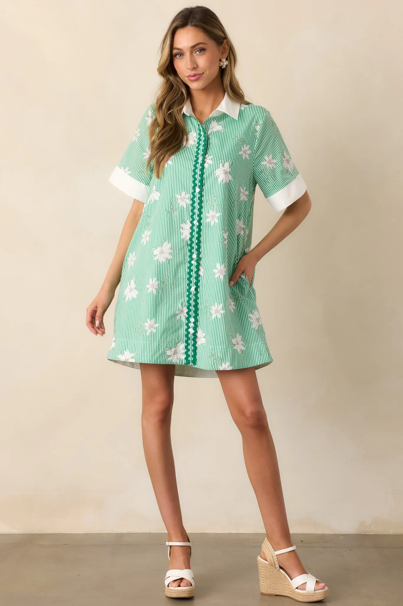 Lunch In The City Green Floral Cotton Mini Shirt Dress