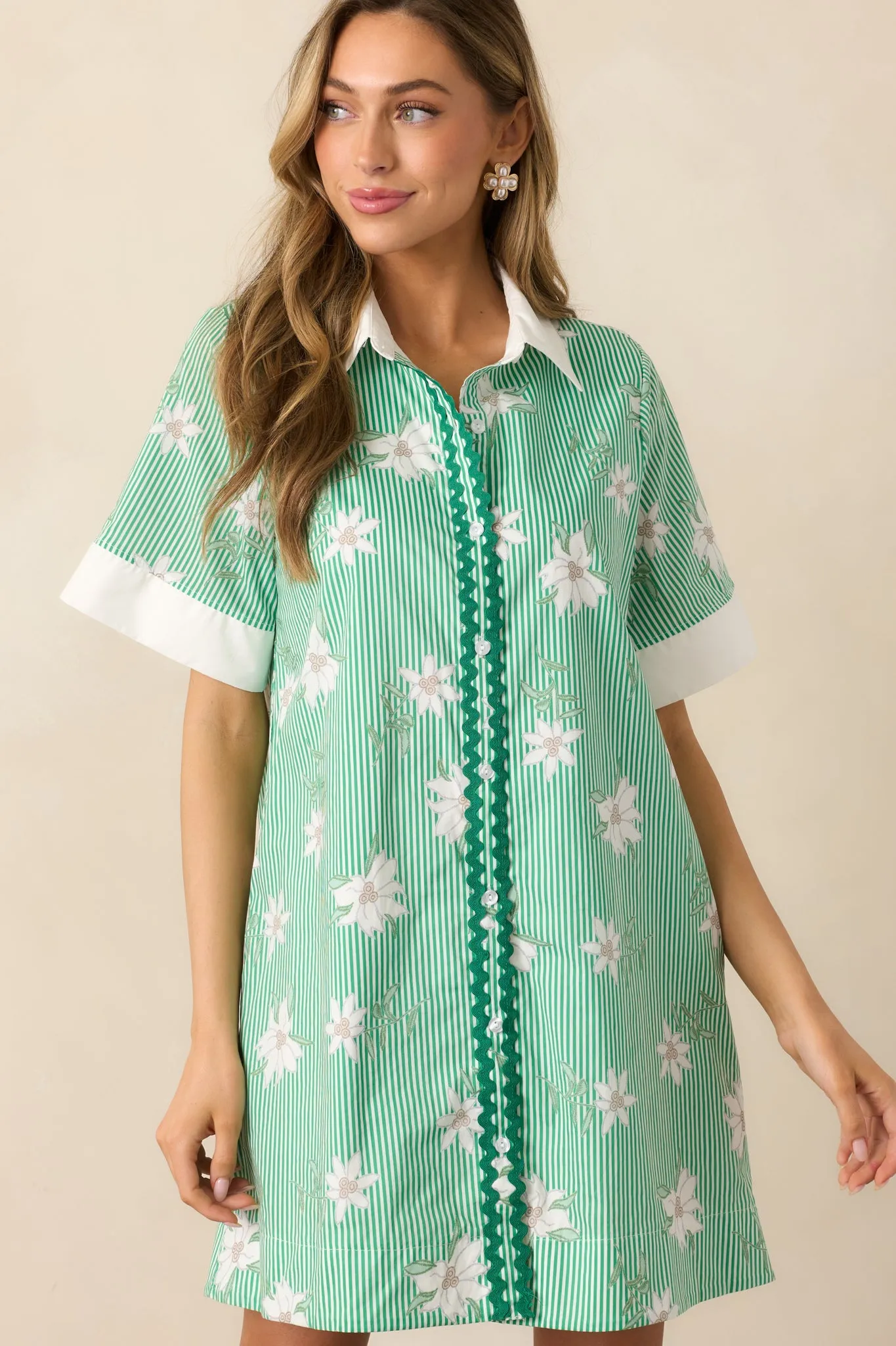 Lunch In The City Green Floral Cotton Mini Shirt Dress