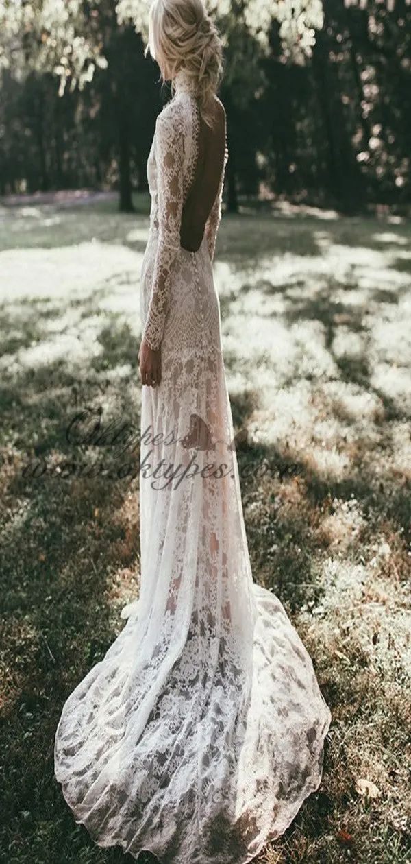 Mermaid High Neck Backless Long Sleeves Lace Beach Wedding Dresses, TYP1415