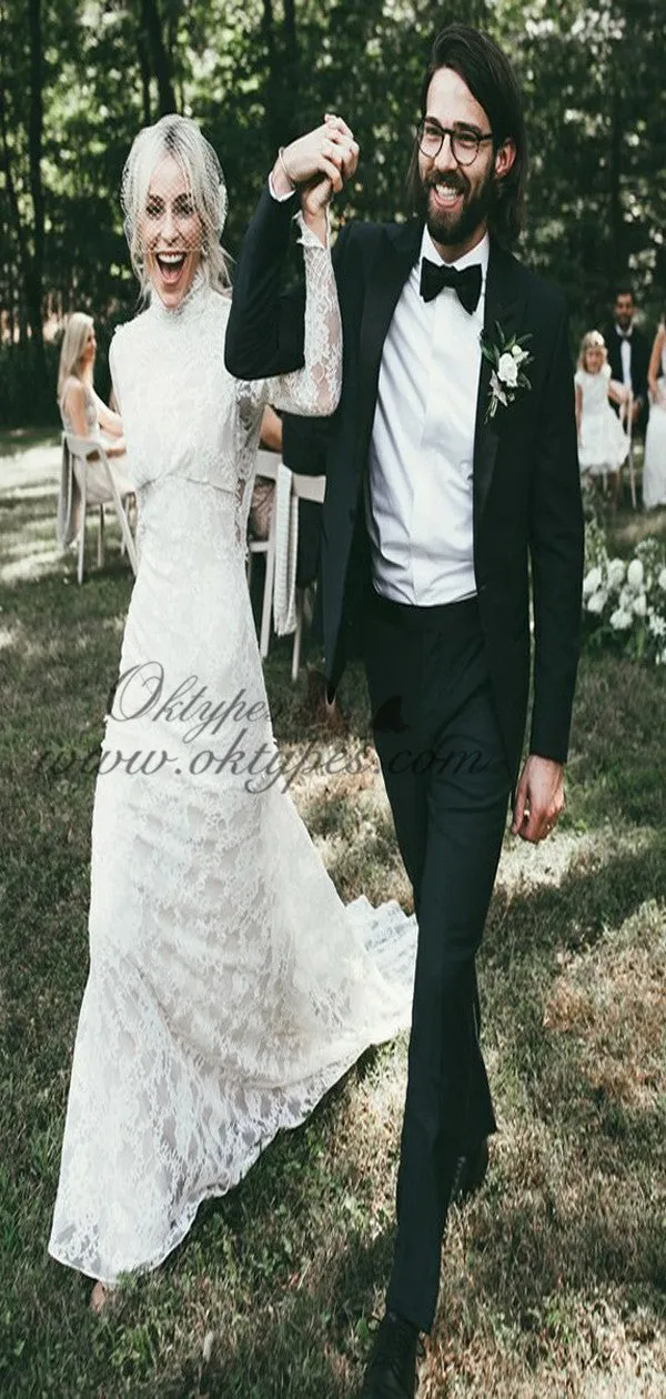 Mermaid High Neck Backless Long Sleeves Lace Beach Wedding Dresses, TYP1415