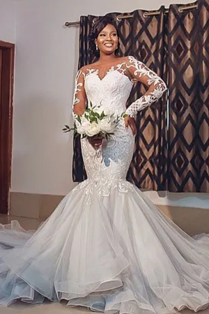 Mermaid Round Collar Long Sleeves Long Train Tulle Applique Wedding Dress