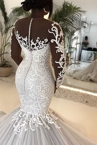 Mermaid Round Collar Long Sleeves Long Train Tulle Applique Wedding Dress