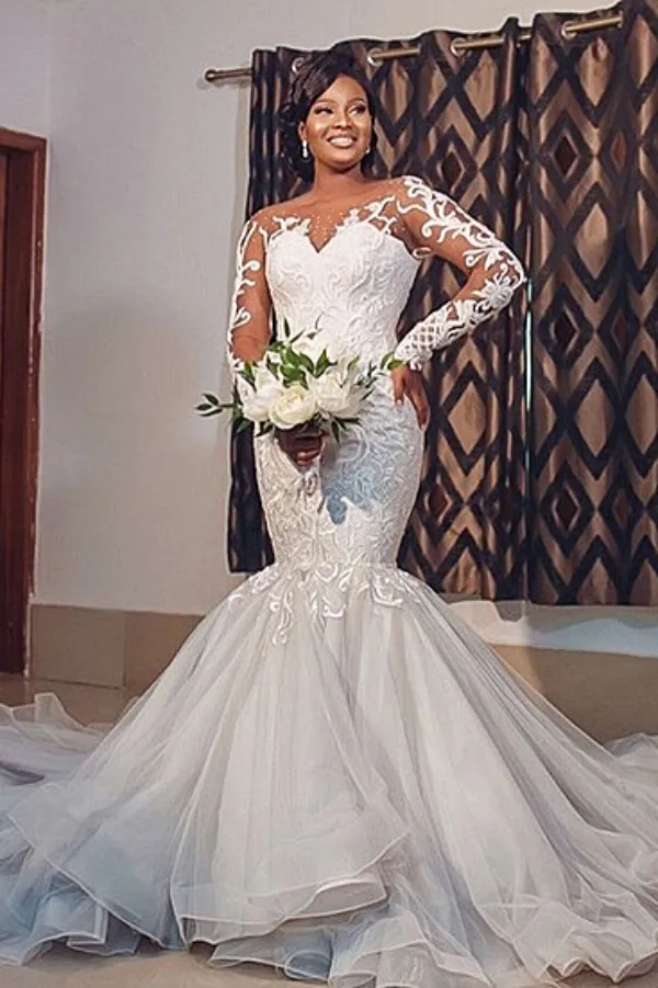 Mermaid Round Collar Long Sleeves Long Train Tulle Applique Wedding Dress