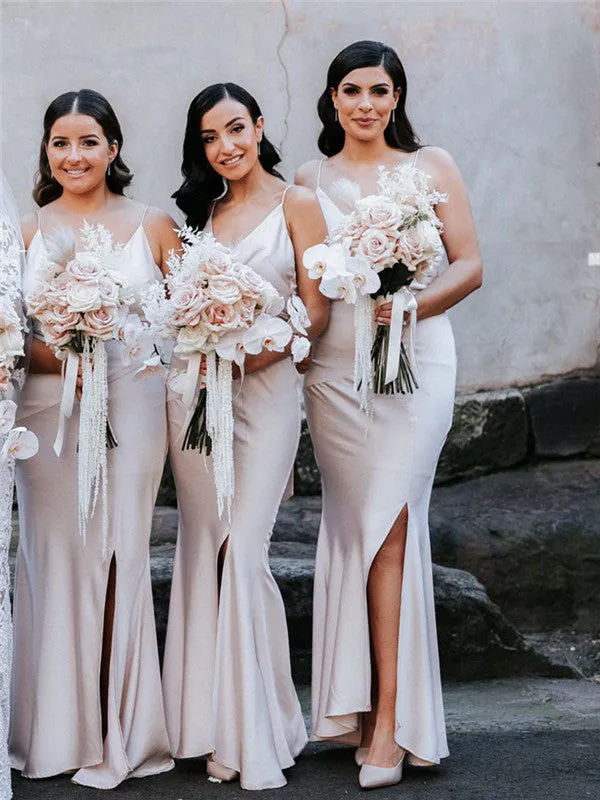 Mermaid Spaghetti Straps V-neck Long Bridesmaid Dresses With Slit, BD1119