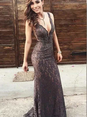 Mermaid V-neck Black Lace Evening Dresses ,Cheap Prom Dresses,PDY0605