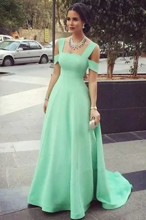 Mint Green A Line Off-Shoulder Satin Long Prom Dresses Evening Dress OK896