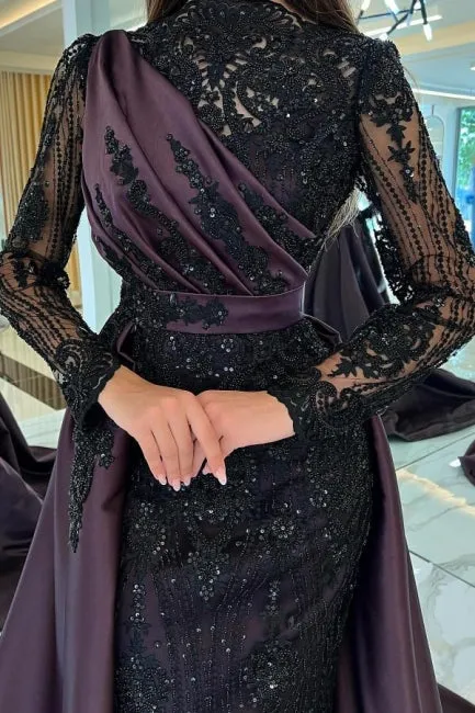 Moden Black Long Sleeves Evening Dress Lace High-Neck