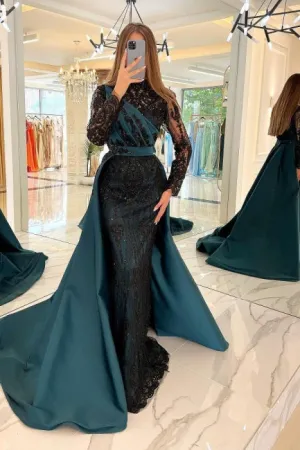 Moden Black Long Sleeves Evening Dress Lace High-Neck