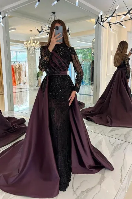 Moden Black Long Sleeves Evening Dress Lace High-Neck