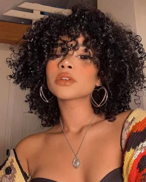Natural black short kinky synthetic afro heat resistant full curly wig with bangs