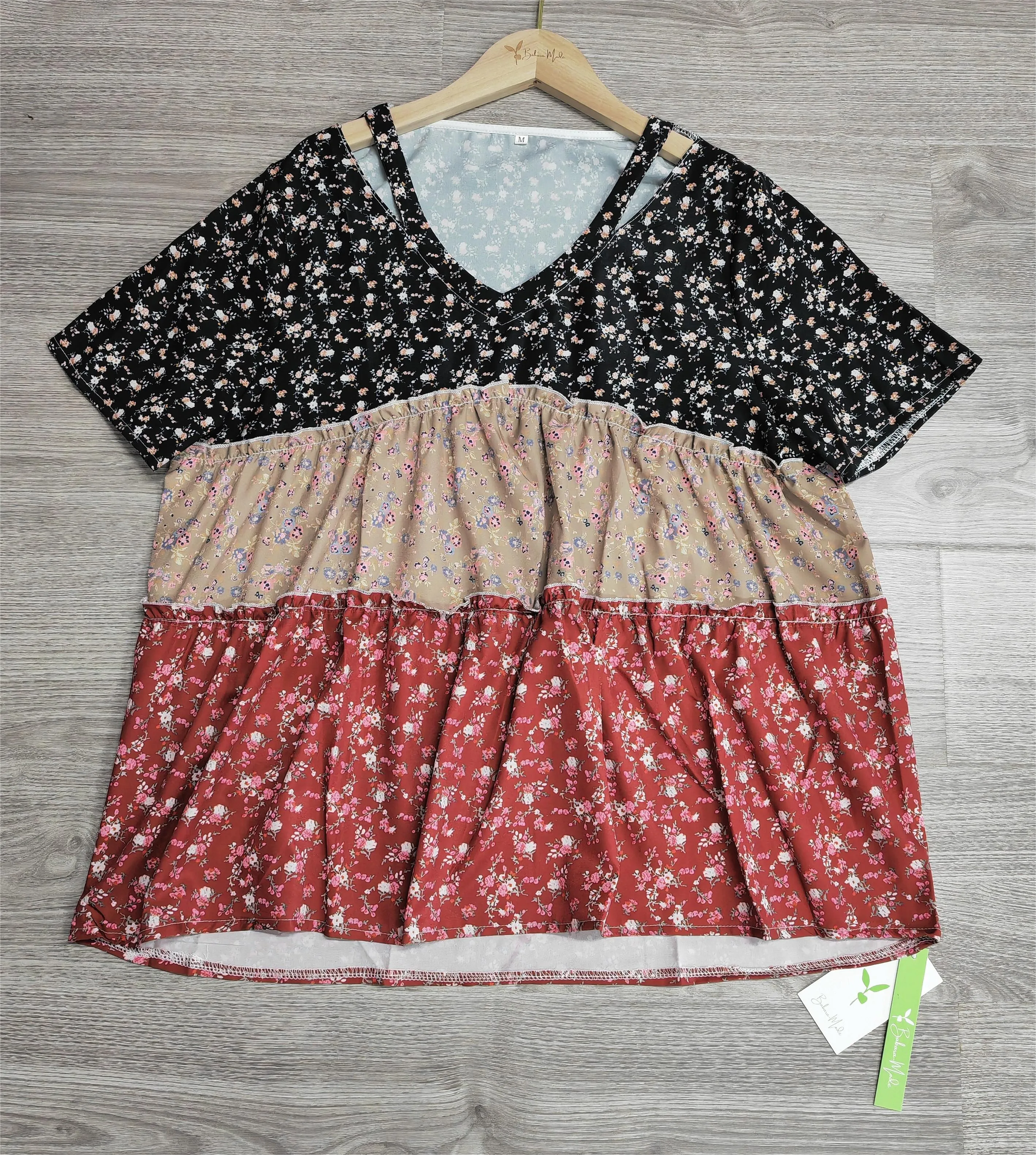 Naturlux - Hippiestreifen Mini-Blumendruck Kurzarm-Top