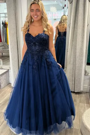 Navy Blue Lace Straps A-line Long Formal Dress
