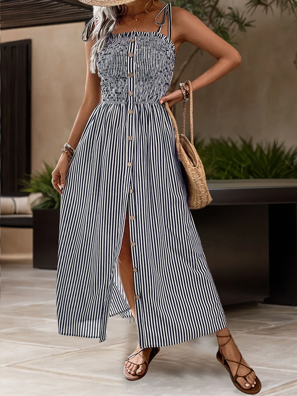 Nevaeh Tied Smocked Striped Sleeveless Midi Dress