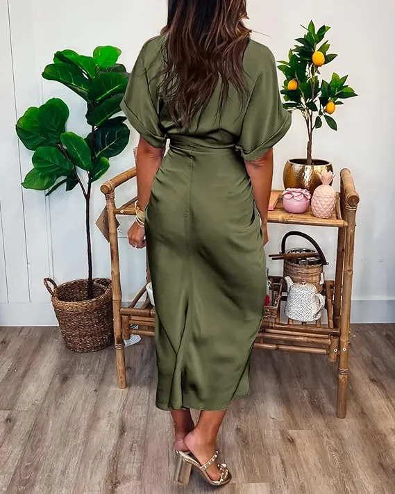 NEW BTFBM Women's Long Sleeve Lapel V Neck Button Down Army Green Dress Belted Elegant Ruched Spring Summer Maxi Shirt Dress - Size XL - Retails $59 