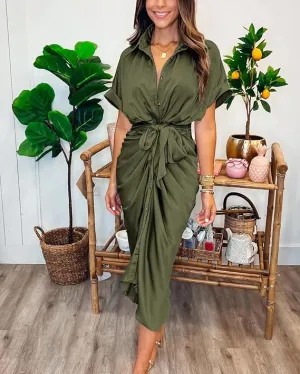 NEW BTFBM Women's Long Sleeve Lapel V Neck Button Down Army Green Dress Belted Elegant Ruched Spring Summer Maxi Shirt Dress - Size XL - Retails $59 