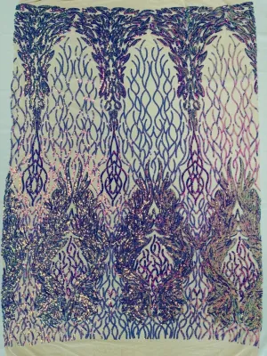 New Empire damask design with sequins embroider on a 4 way stretch mesh fabric-sold by the yard. Lavender