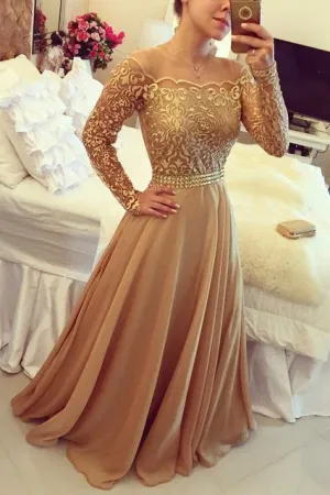 New Golden Off Shoulder Long Sleeves Chiffon A Line Party Prom Dresses For Women OK533