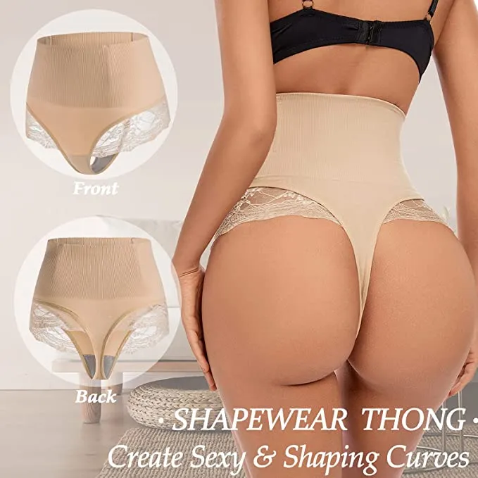 New SURE YOU LIKE Tummy Control Thong Shapewear for Women Sexy Lace Underwear Seamless Body Shaper Panties, Sz L/XL
