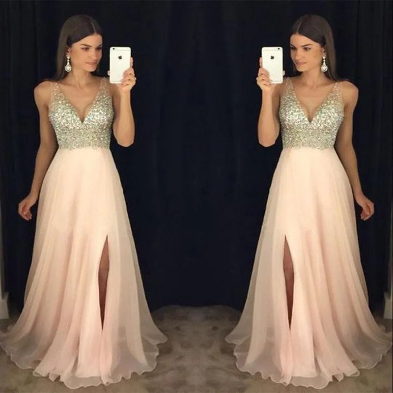 Newest Prom Dress, V-neck Prom Dresses, Split Side Prom Dresses, Crystal Beading Prom Dresses, Cheap Prom Dress, TYP0055