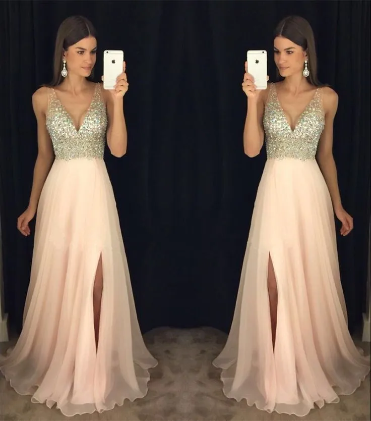Newest Prom Dress, V-neck Prom Dresses, Split Side Prom Dresses, Crystal Beading Prom Dresses, Cheap Prom Dress, TYP0055