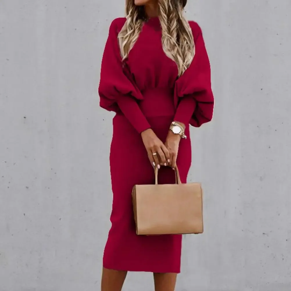 O-Neck High Waist Long Lantern Sleeve Dress