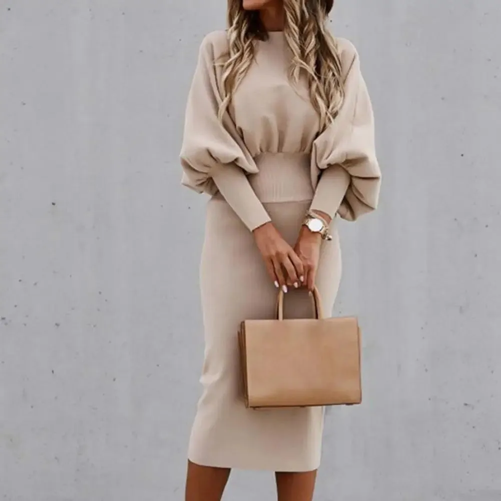 O-Neck High Waist Long Lantern Sleeve Dress