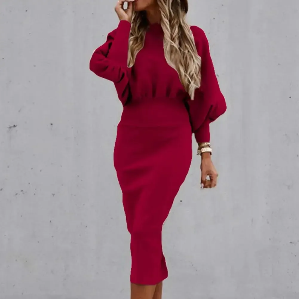 O-Neck High Waist Long Lantern Sleeve Dress