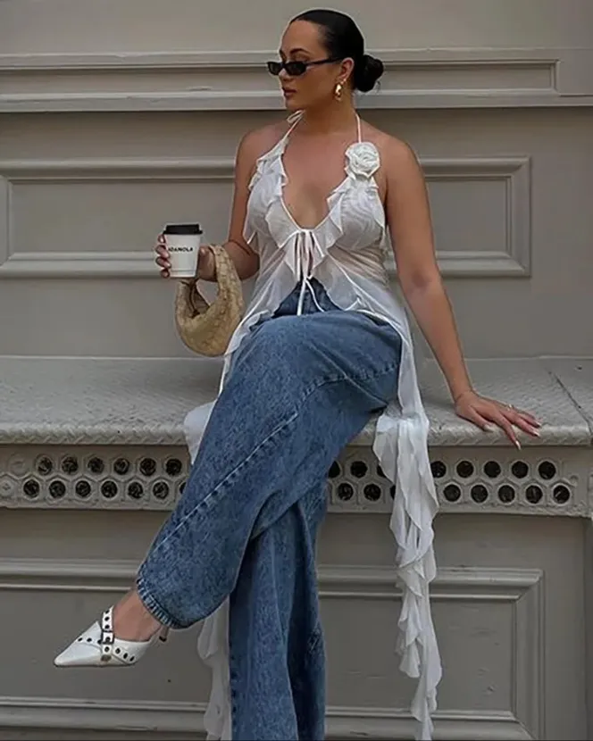 Obsidian Phoenix Mesh Ruffle Flower Tank Top