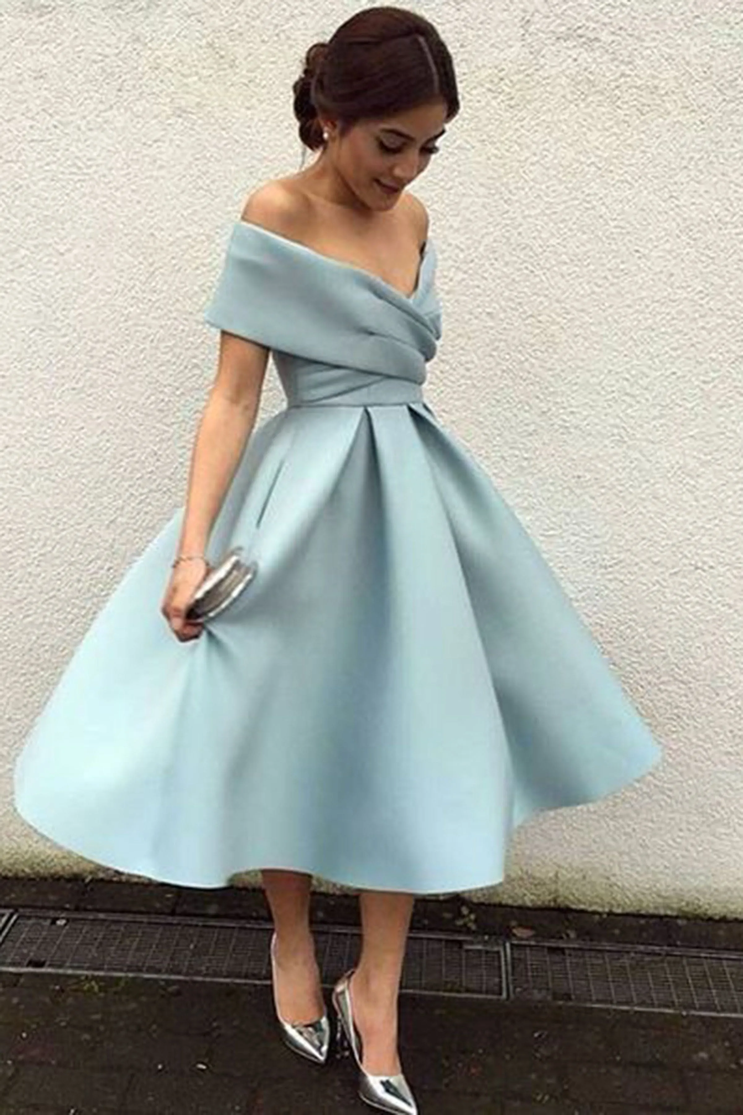 Off Shoulder Dusty Blue Short Cheap Homecoming Dresses 2018, BDY0295