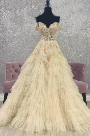 Off the Shoulder Champagne Appliques Tiered Ruffles Prom Gown