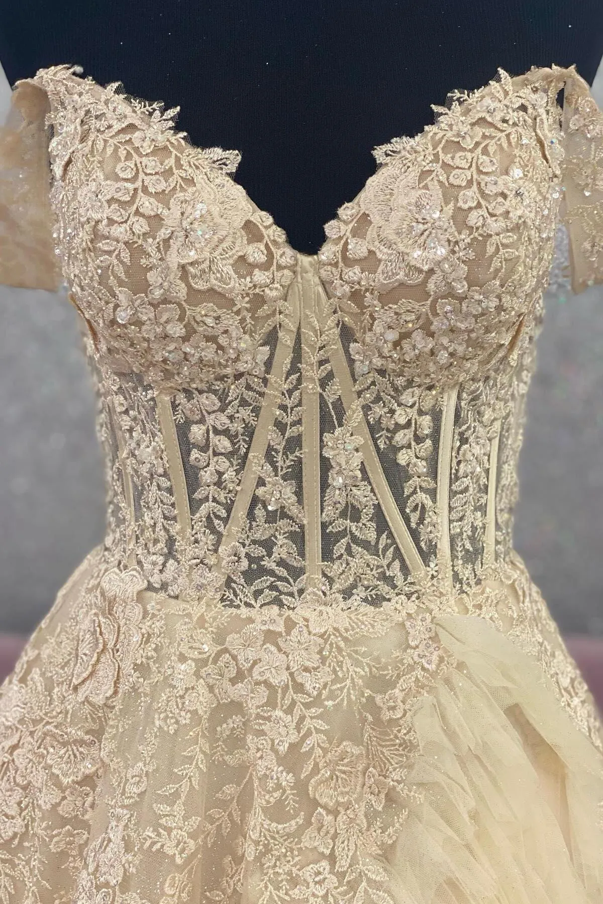 Off the Shoulder Champagne Appliques Tiered Ruffles Prom Gown