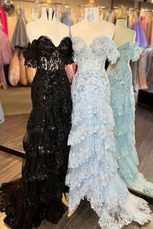 Off the Shoulder Light Blue Appliques Tiered Ruffle Long Prom Dress