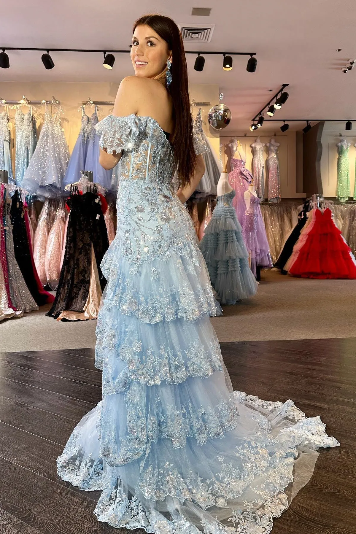 Off the Shoulder Light Blue Appliques Tiered Ruffle Long Prom Dress