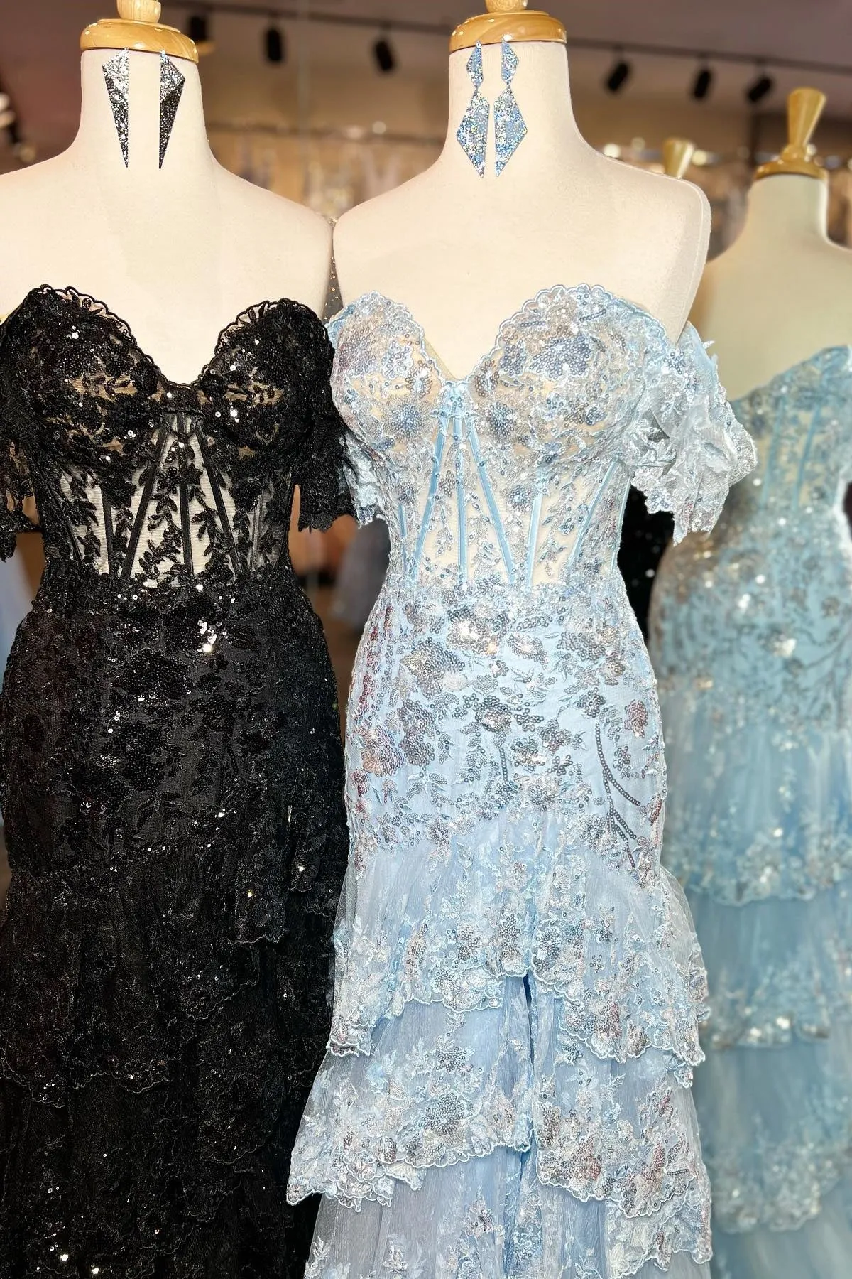 Off the Shoulder Light Blue Appliques Tiered Ruffle Long Prom Dress