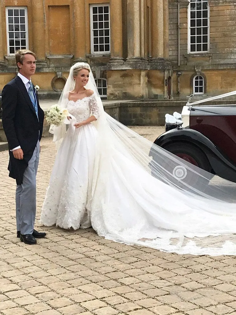 Off the Shoulder Long Sleeves Wedding Dress With Cathedral Train OKP83