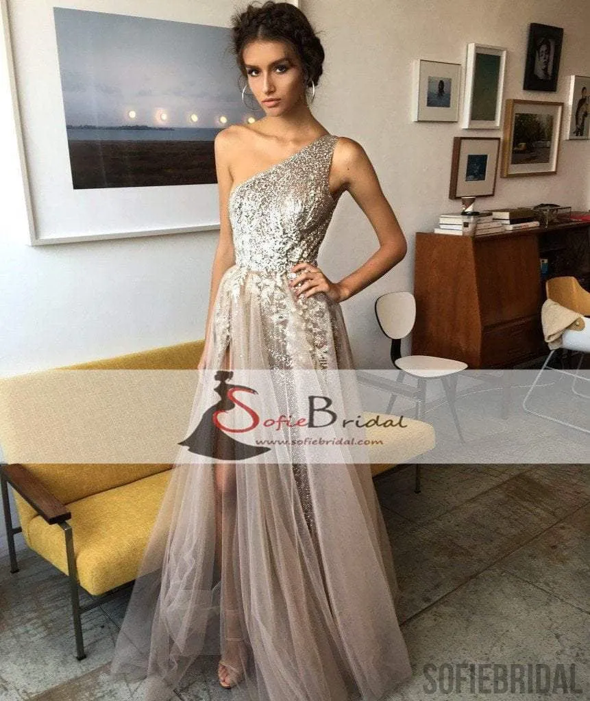 One Shoulder Appliques Beaded Prom Dresses, Tulle Side Slit Prom Dresses, Prom Dresses, PD0449