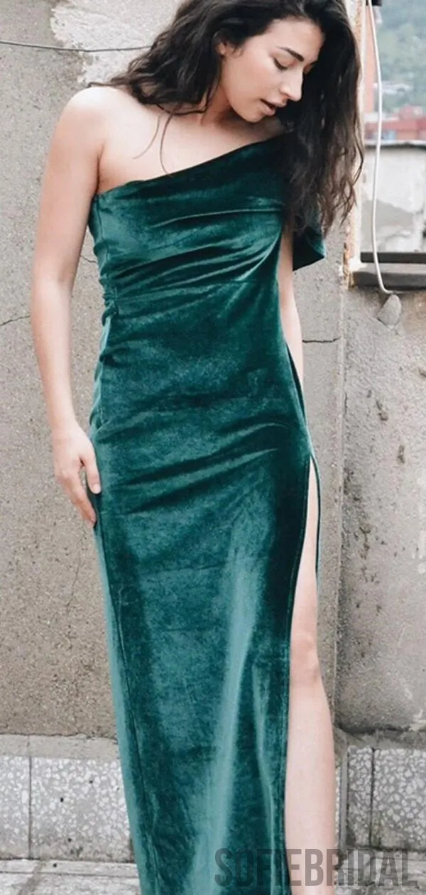 One Shoulder Emerald Side Slit Long Prom Dresses, PD0834