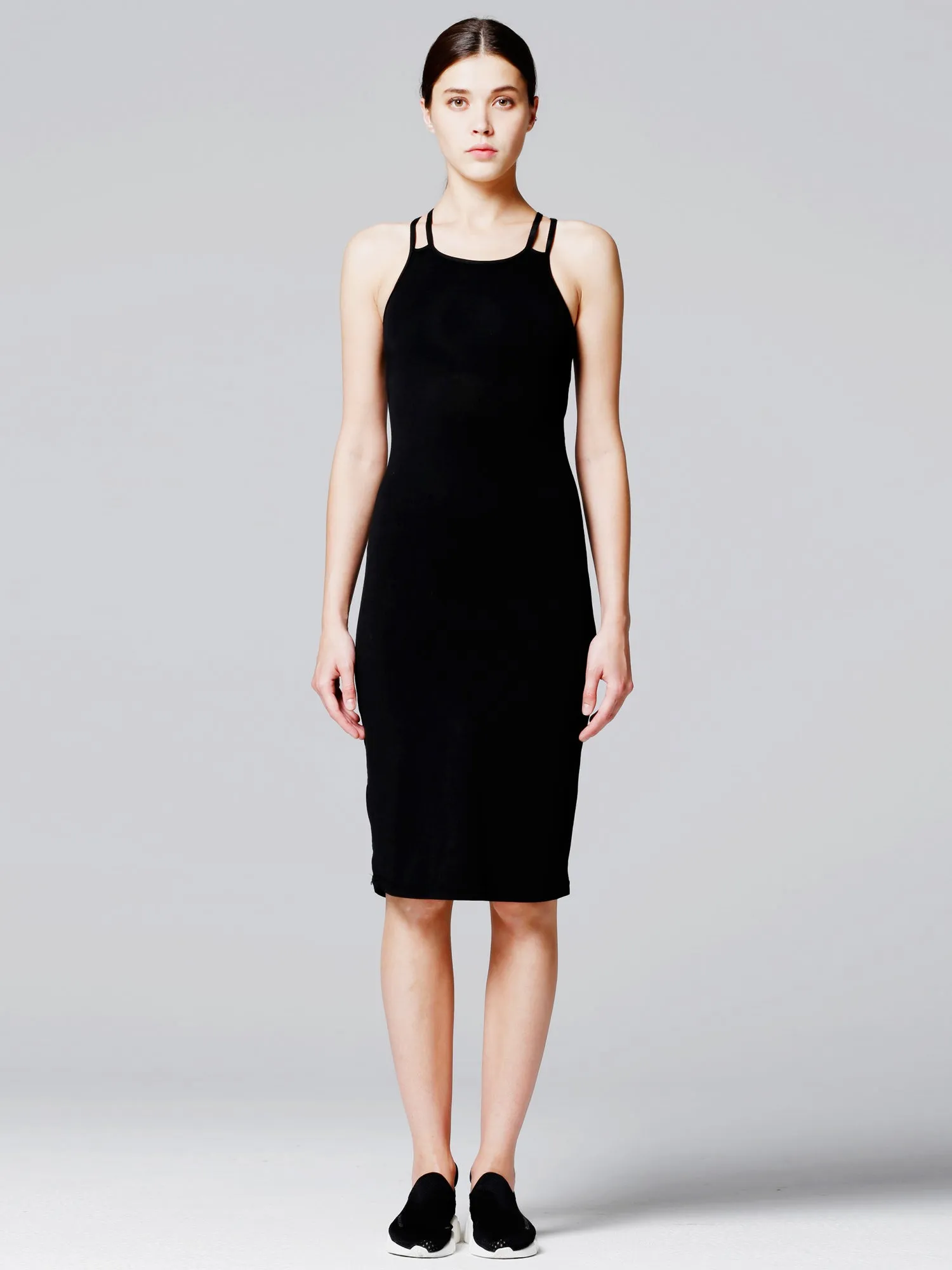 OPEN BACK FITTED CAMI DRESS WITH BRA, BLACK
