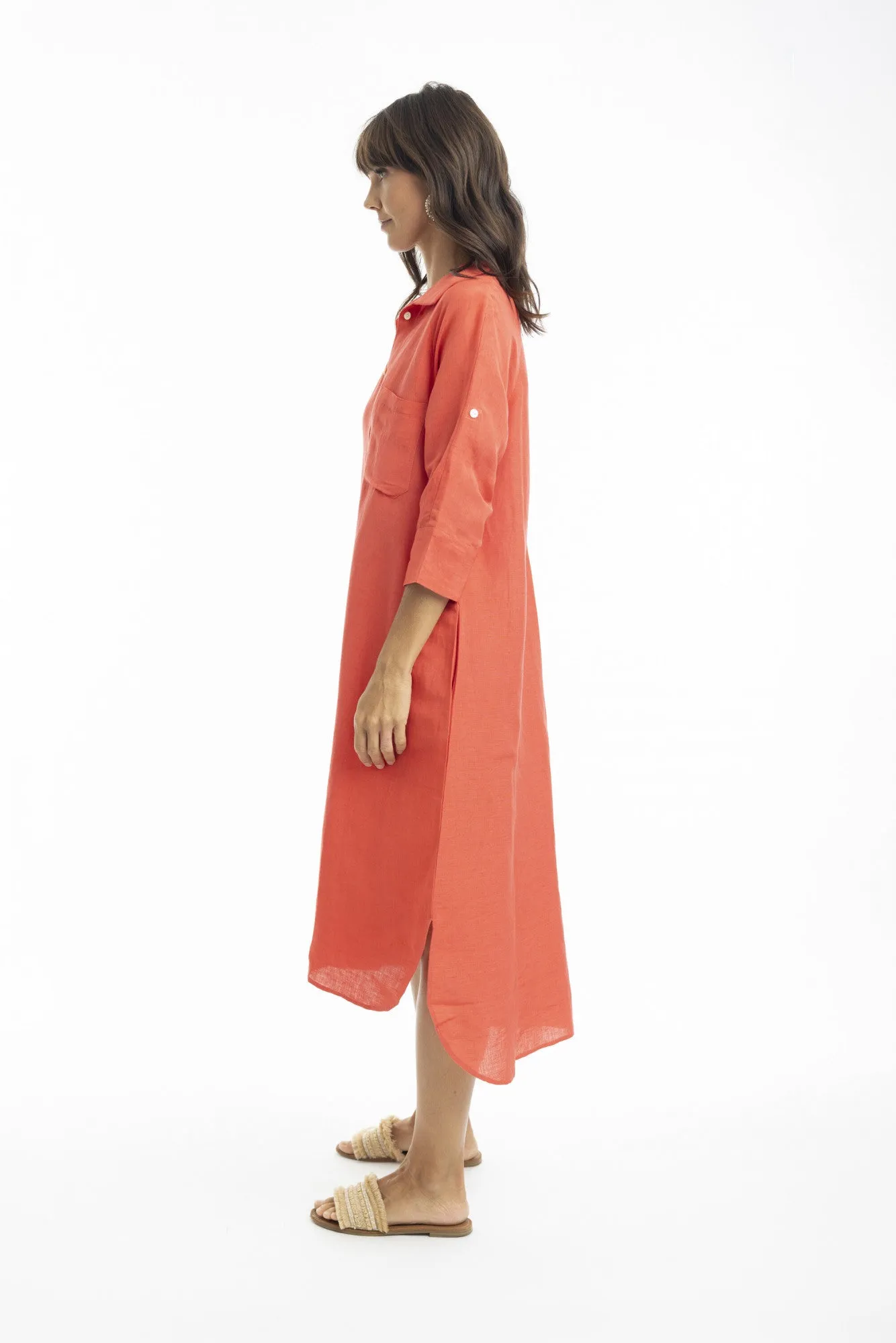 Orange Collared Linen Dress
