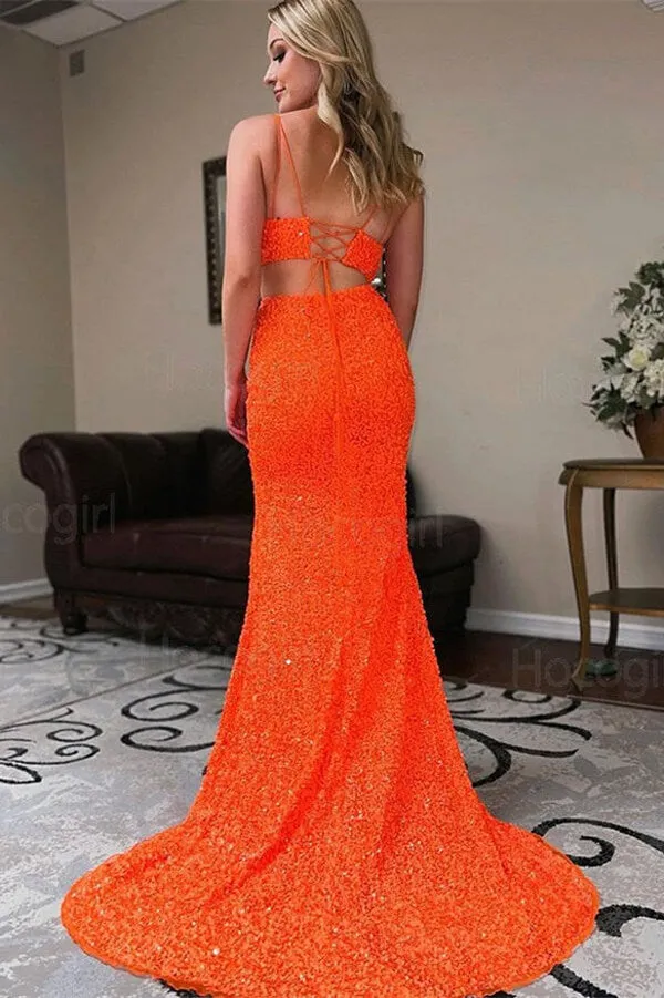 Orange Sequins Mermaid Two Pieces Prom Dress, Long Formal Dresses, SP917