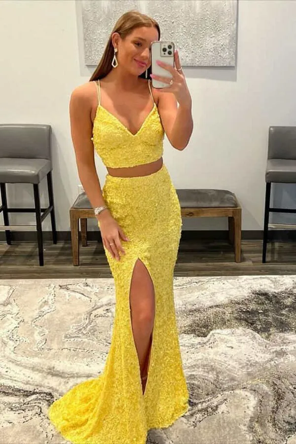 Orange Sequins Mermaid Two Pieces Prom Dress, Long Formal Dresses, SP917