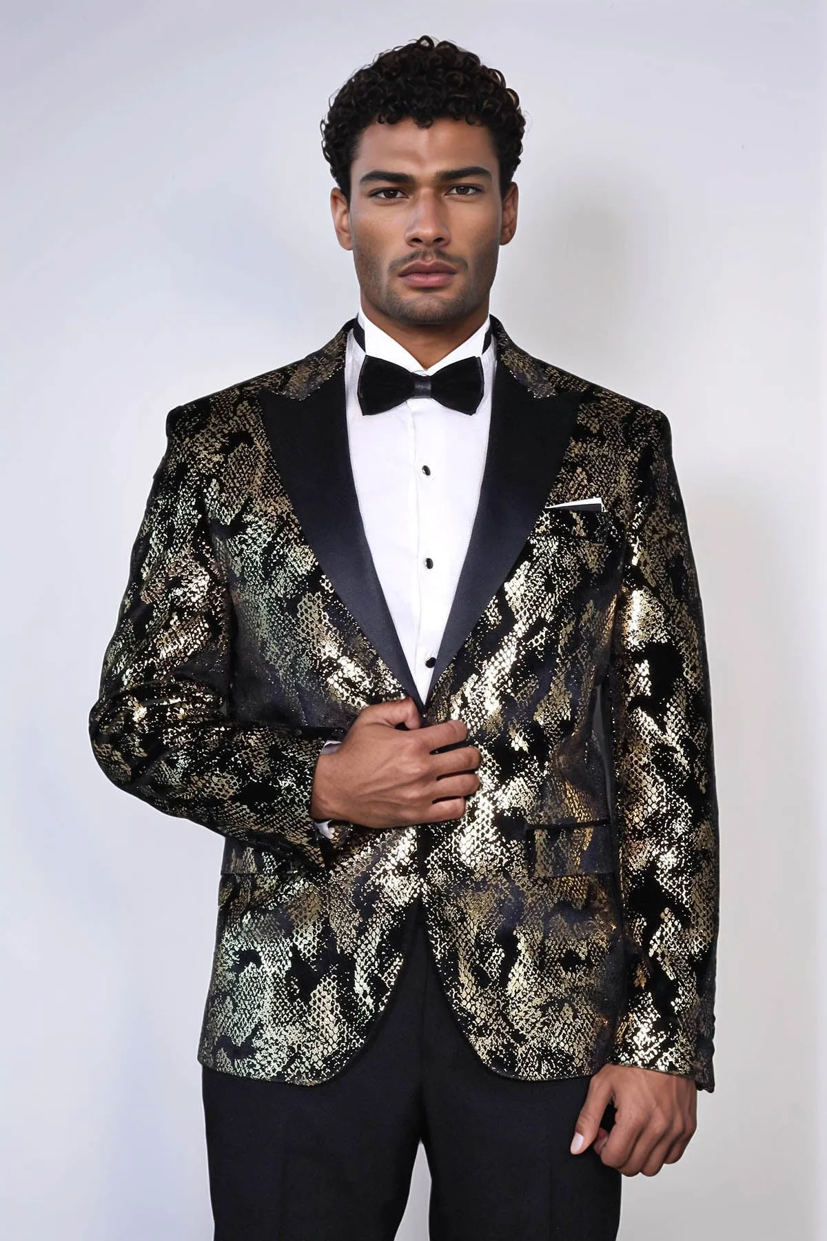 Peak Lapel Slim Fit Gold Patterned Black Men Prom Blazer