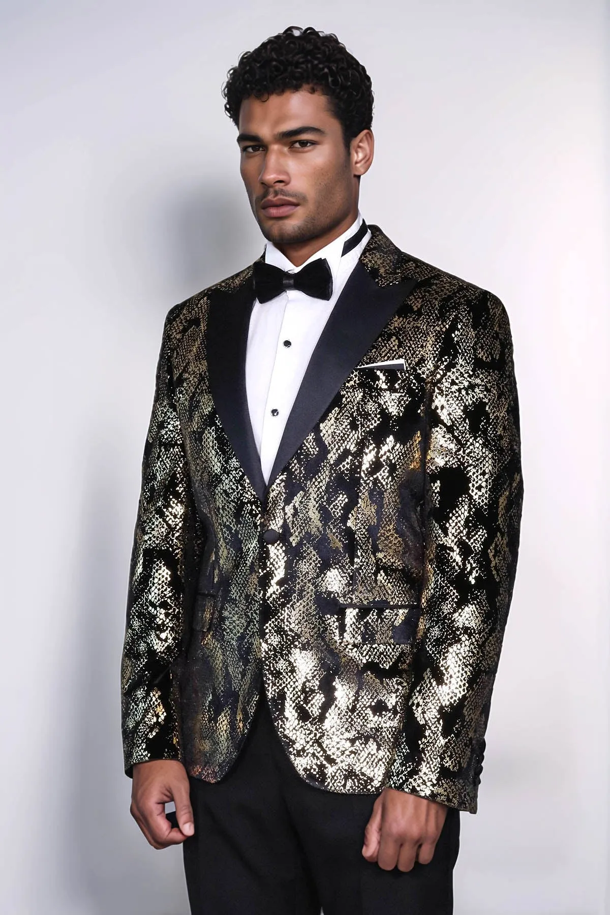 Peak Lapel Slim Fit Gold Patterned Black Men Prom Blazer
